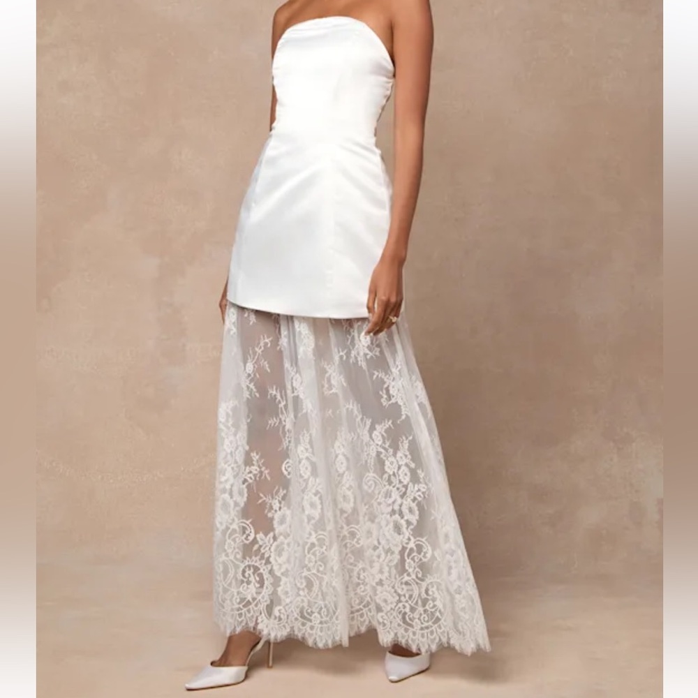 Lulus Winslet White Satin Sheer Hem Strapless Maxi Dress Size Small New with Tag